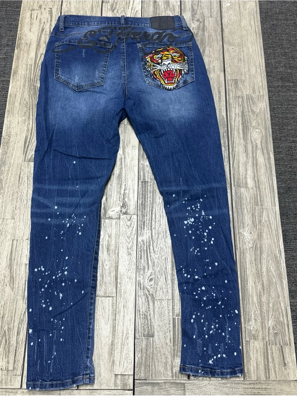 Ed Hardy Mens Jeans Tiger Embroidered Slim Taper Paint Size 32 Grunge Skater Y2K